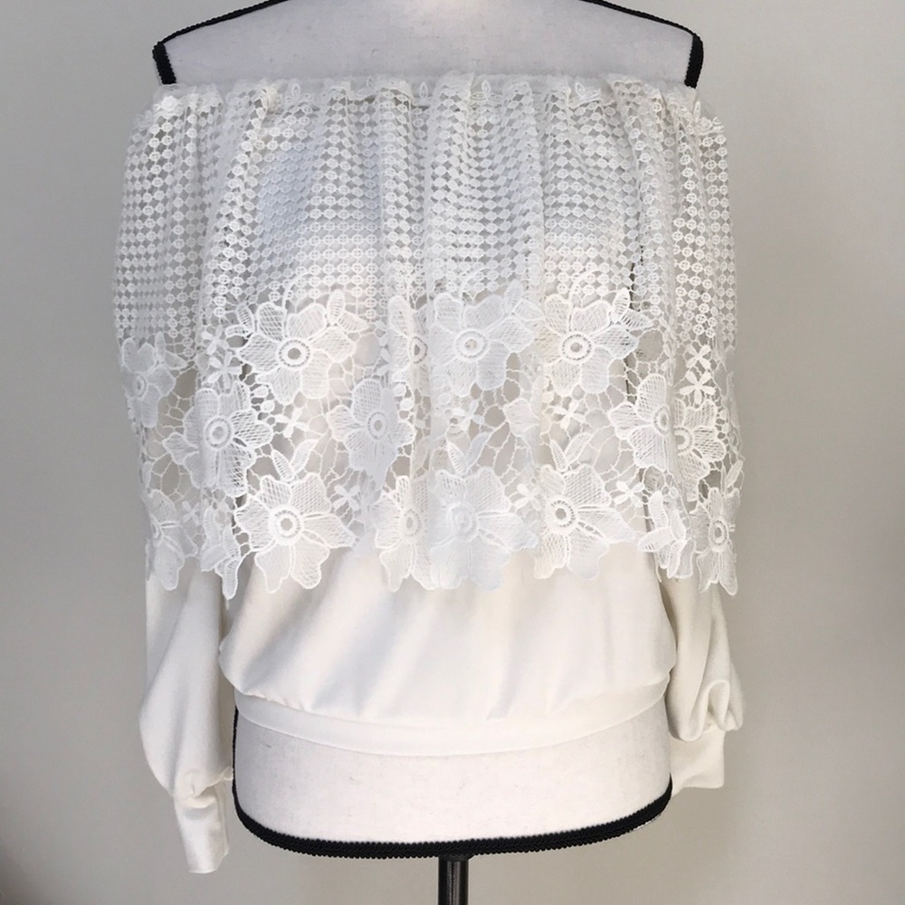 2nd Flower Off Shoulder White Floral Lace Layered Long-Sleeve Top Size S
